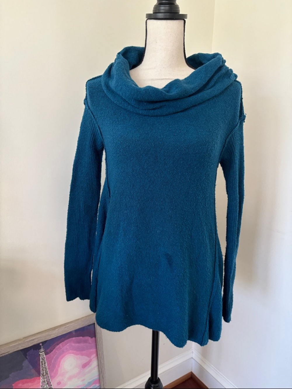 Free People Teal Cowl Neck Knit Sweater